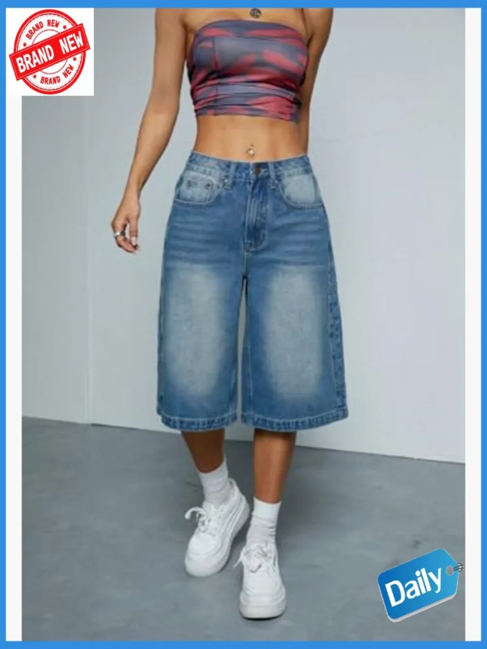 High Waisted Wide Leg Cropped Bermuda Jean Shorts Baggy Denim Jorts Y2k Capris